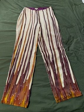 Beaded Stripe Wide-Leg Trousers in Burgundy and Cream